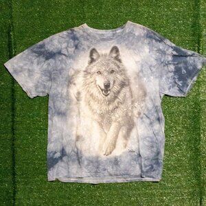 THE MOUNTAIN MENS WHITE WOLF T SHIRT LIGHT BLUE MARBLE TIE DYE NATURE SIZE XXL
